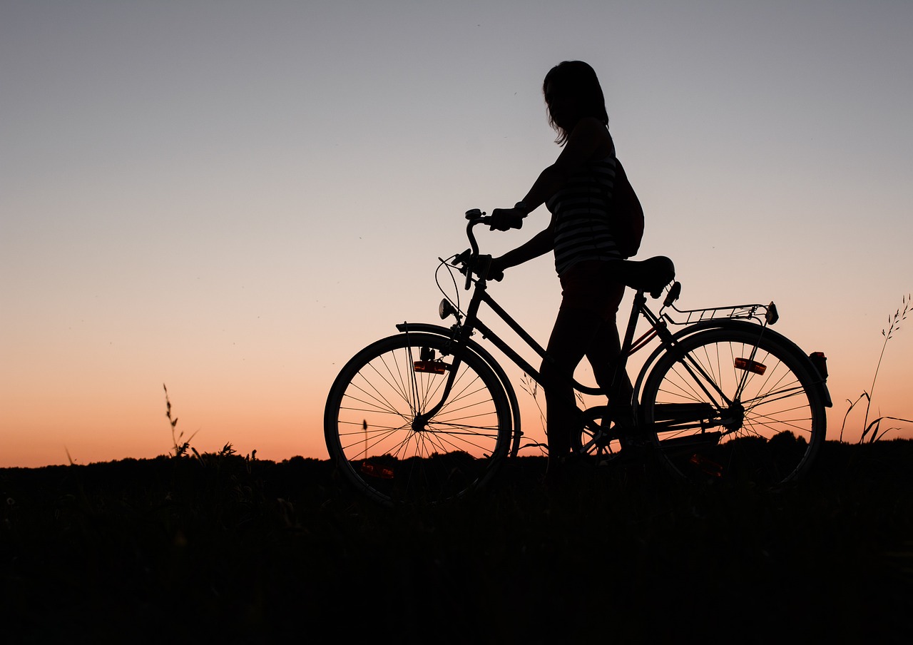 A person biking around sunset
