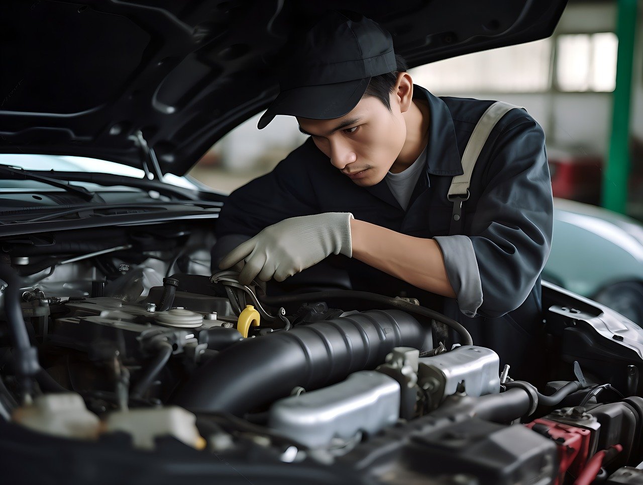 A mechanic working on a car