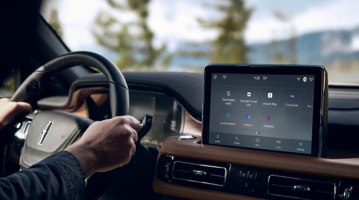 The center touchscreen of a Lincoln Aviator® SUV is shown | Asheville Lincoln in Asheville NC