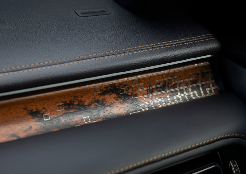 A close-up shot of the 2025 Lincoln Aviator® dashboard with unique black and brown accents, and brown stitching. | Asheville Lincoln in Asheville NC